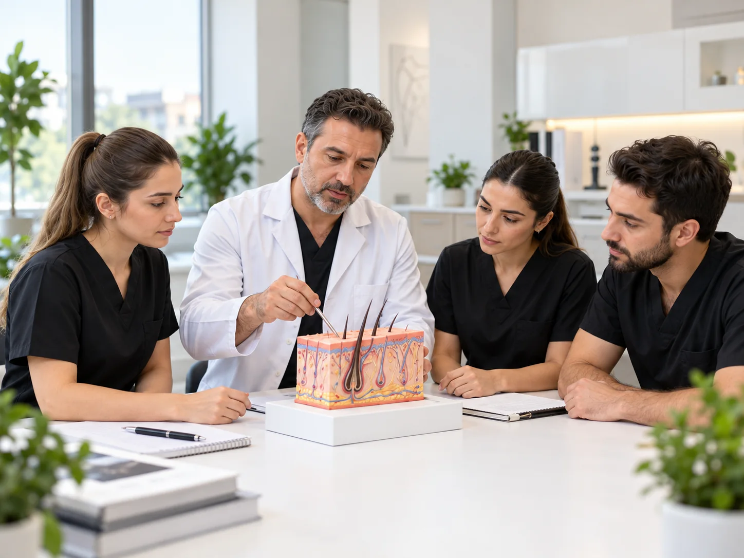 Clinichair eğitiminde saç kökü modeli üzerinde anlatım